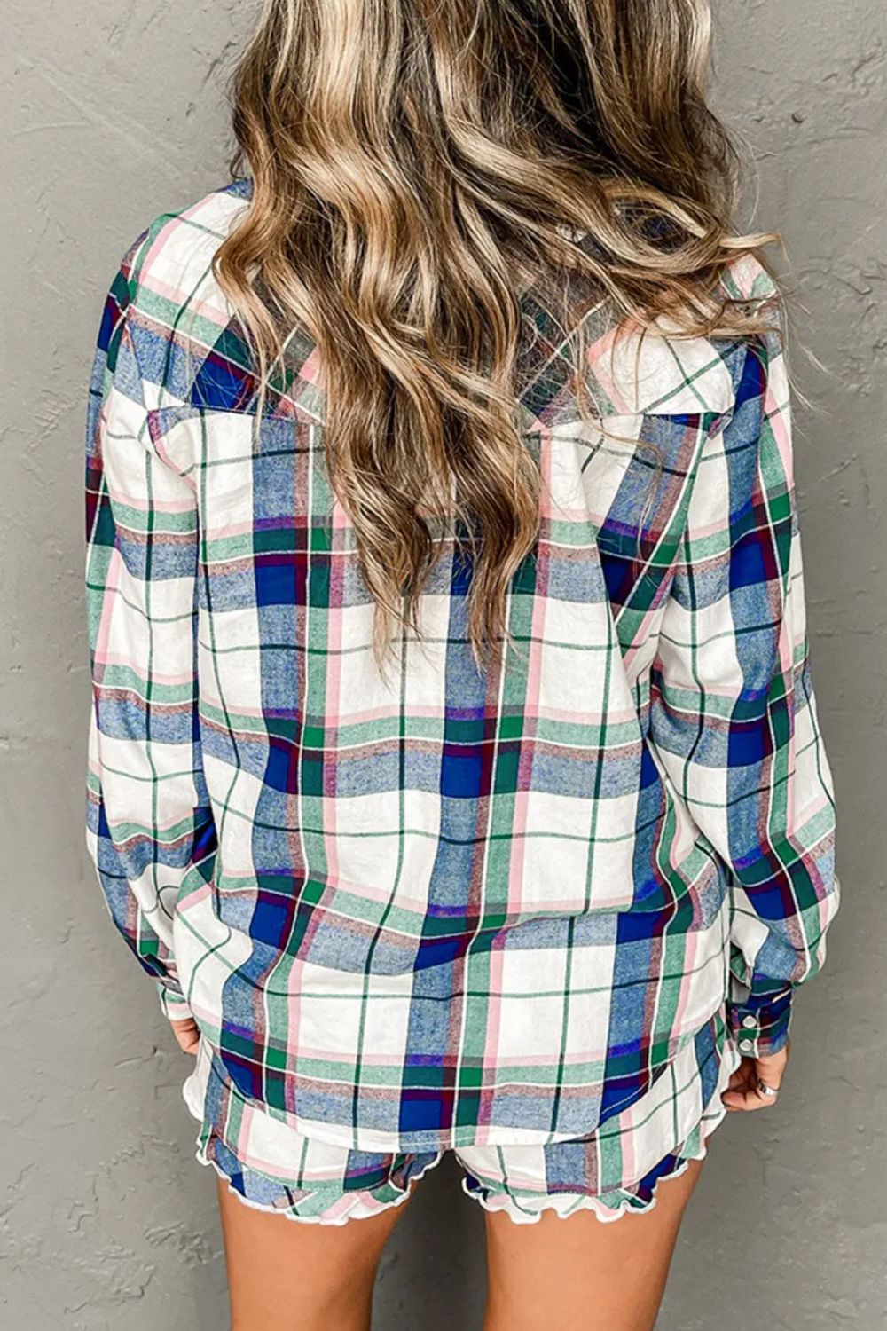 Plaid Snap Down Long Sleeve Top and Shorts Pajama Set