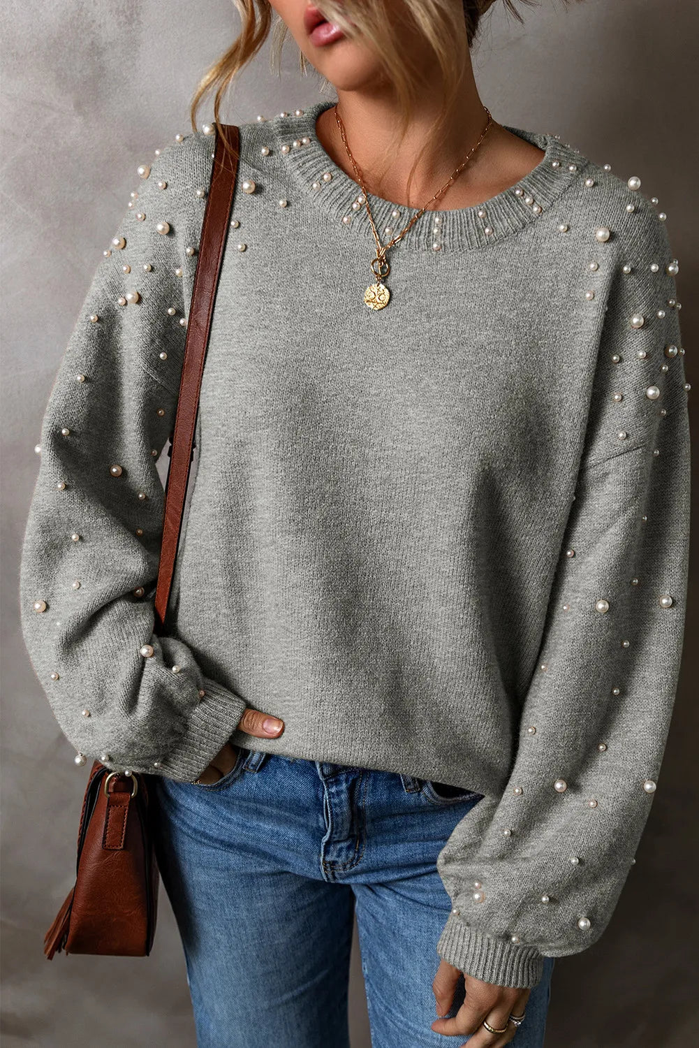 Pearl Detail Long Sleeve Sweater in Mocha