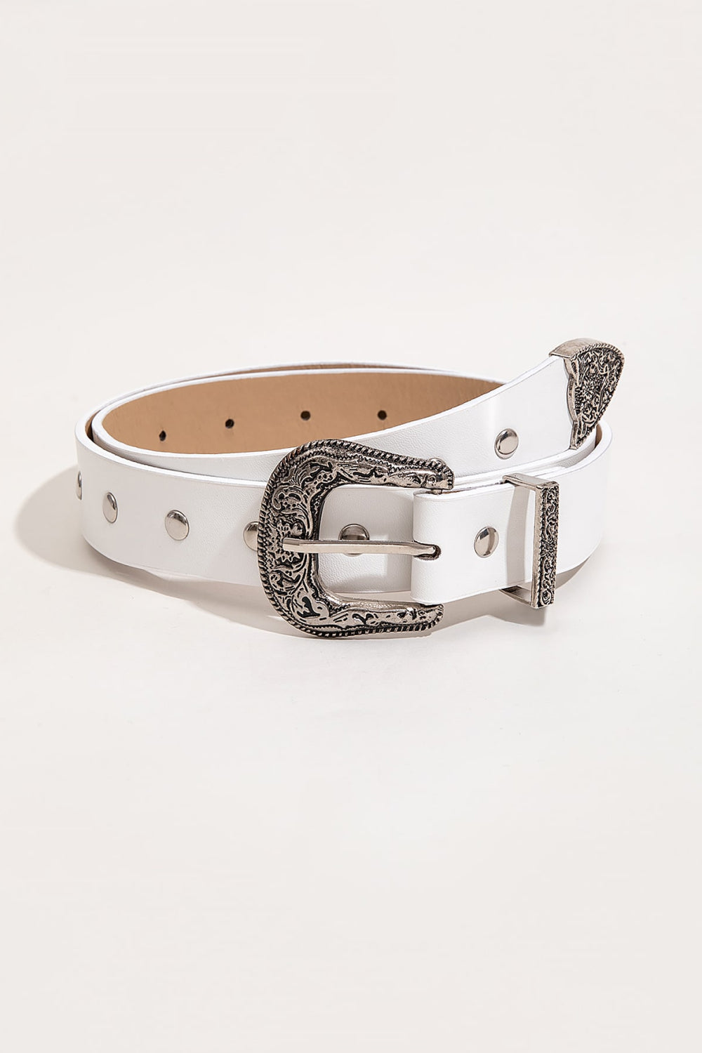 Faux White Leather Studded Belt