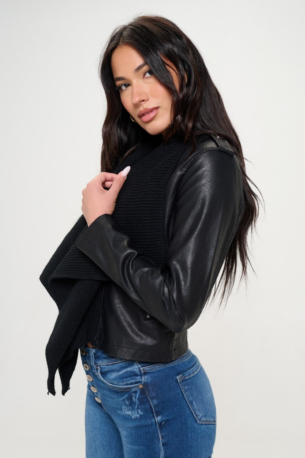 Knit Front Vegan Leather Crop Jacket