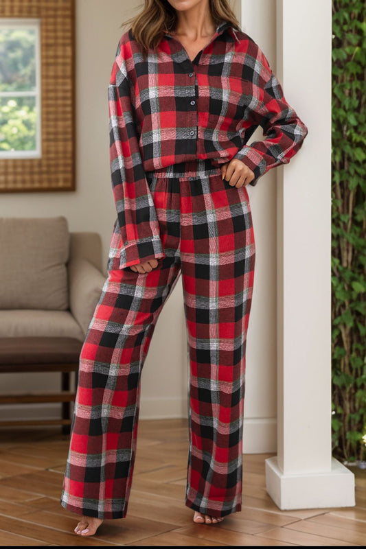 Plaid Long Sleeve Top and Pants Pajama Set