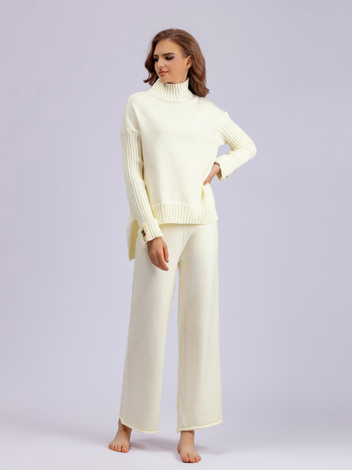 High-Low Turtleneck Top and Pants Sweater Set