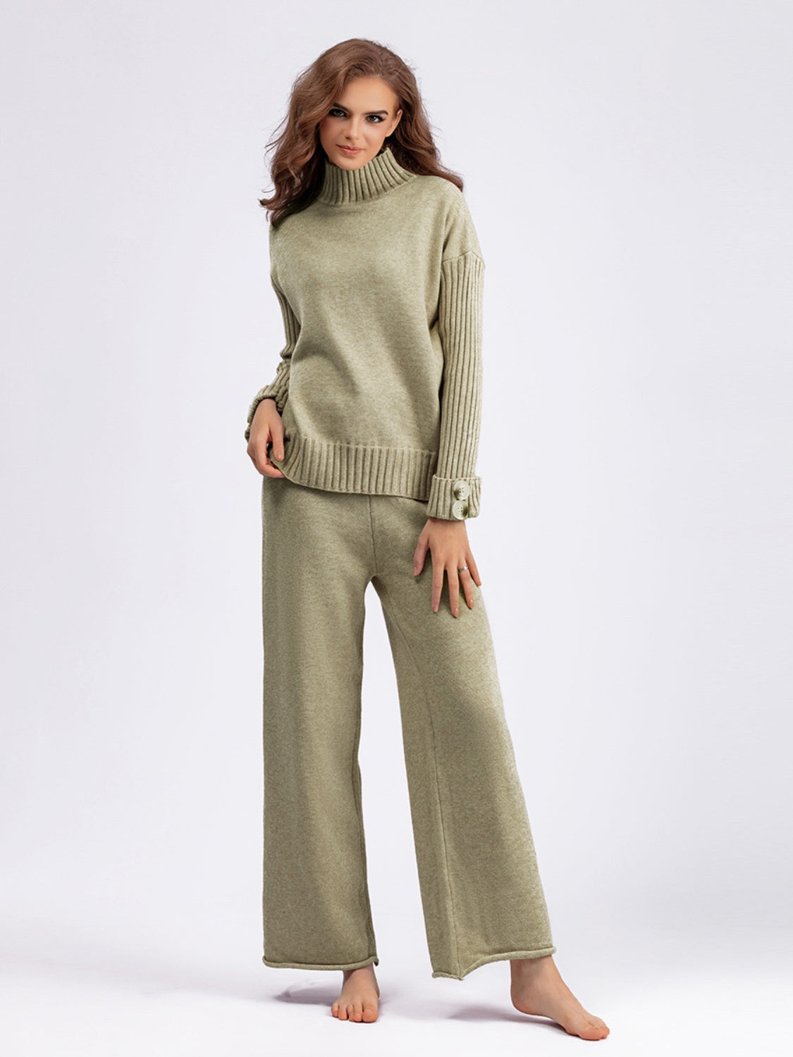 High-Low Turtleneck Top and Pants Sweater Set